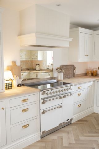 white kitchen with gingham lamp