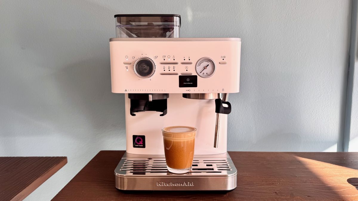 KitchenAid Semi-Automatic Espresso Machine front view with coffee