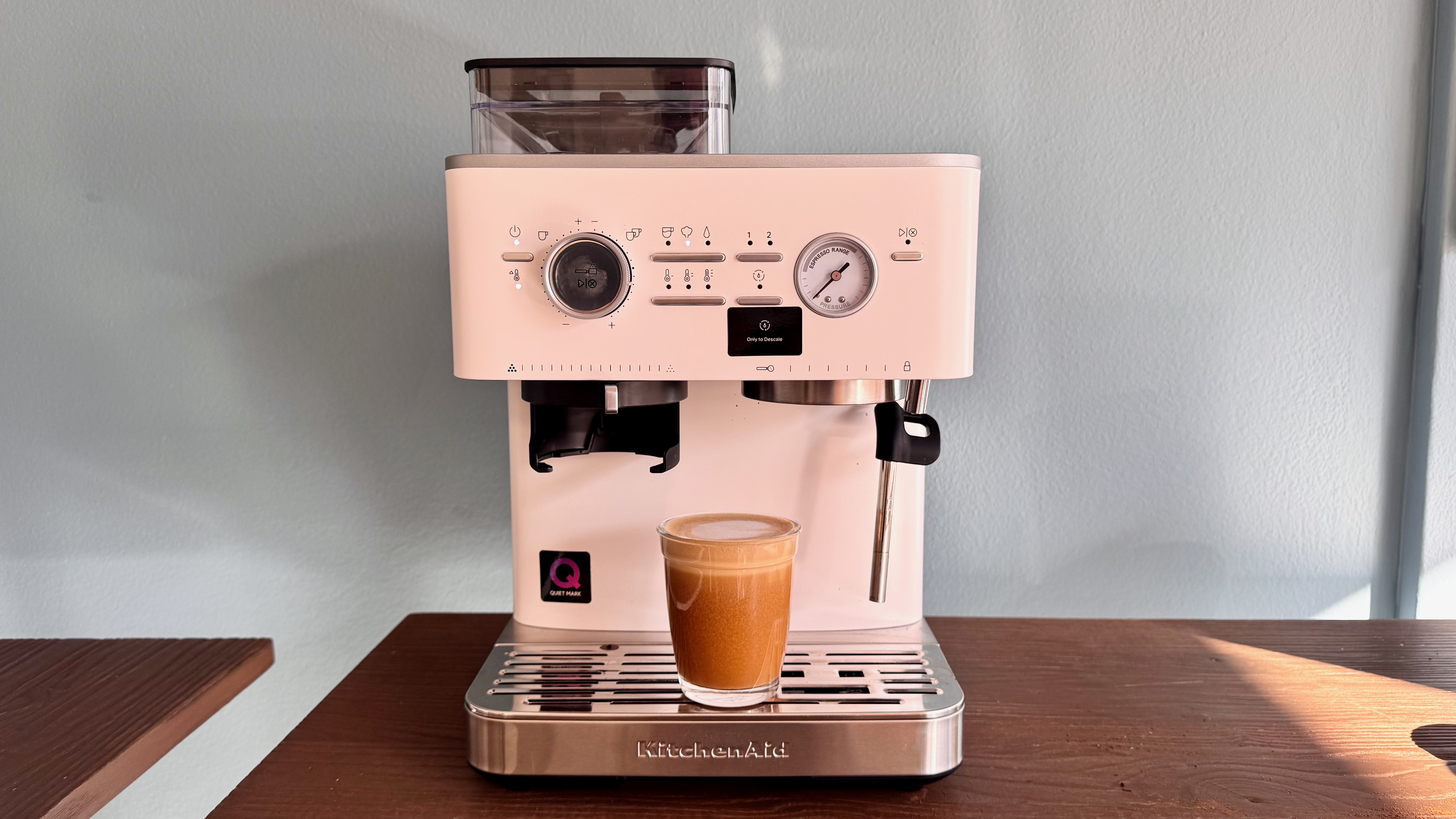 KitchenAid Semi-Automatic Espresso Machine front view with coffee
