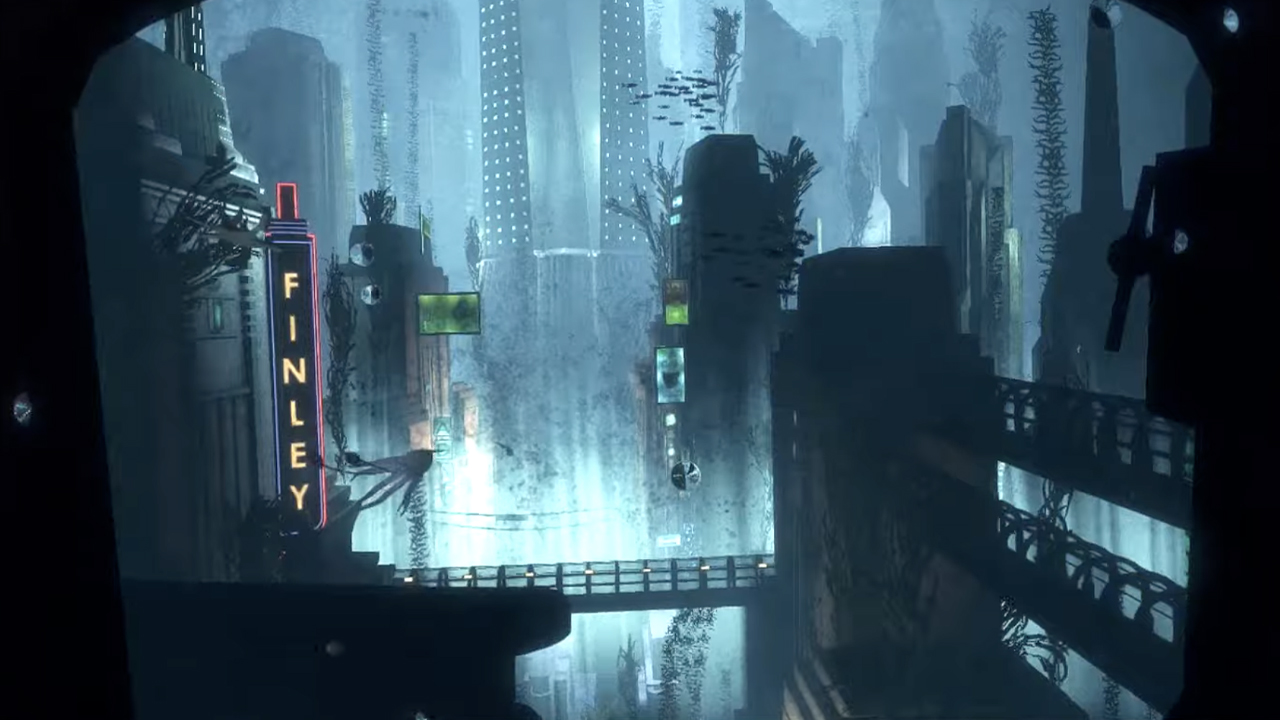 Screengrabs from BioShock HD remaster, released in 2021, featuring images of Rapture and Jack taking Plasmid upgrades.