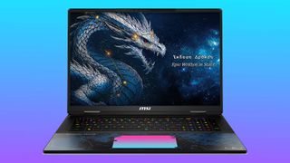 The MSI Titan 18 HX Dragon Edition gaming laptop floats in a blue-pink gradient void.