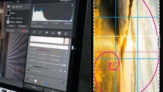 A screenshot of an interface of a photo editing tool next to a diagram depicting a photographic composition principle.