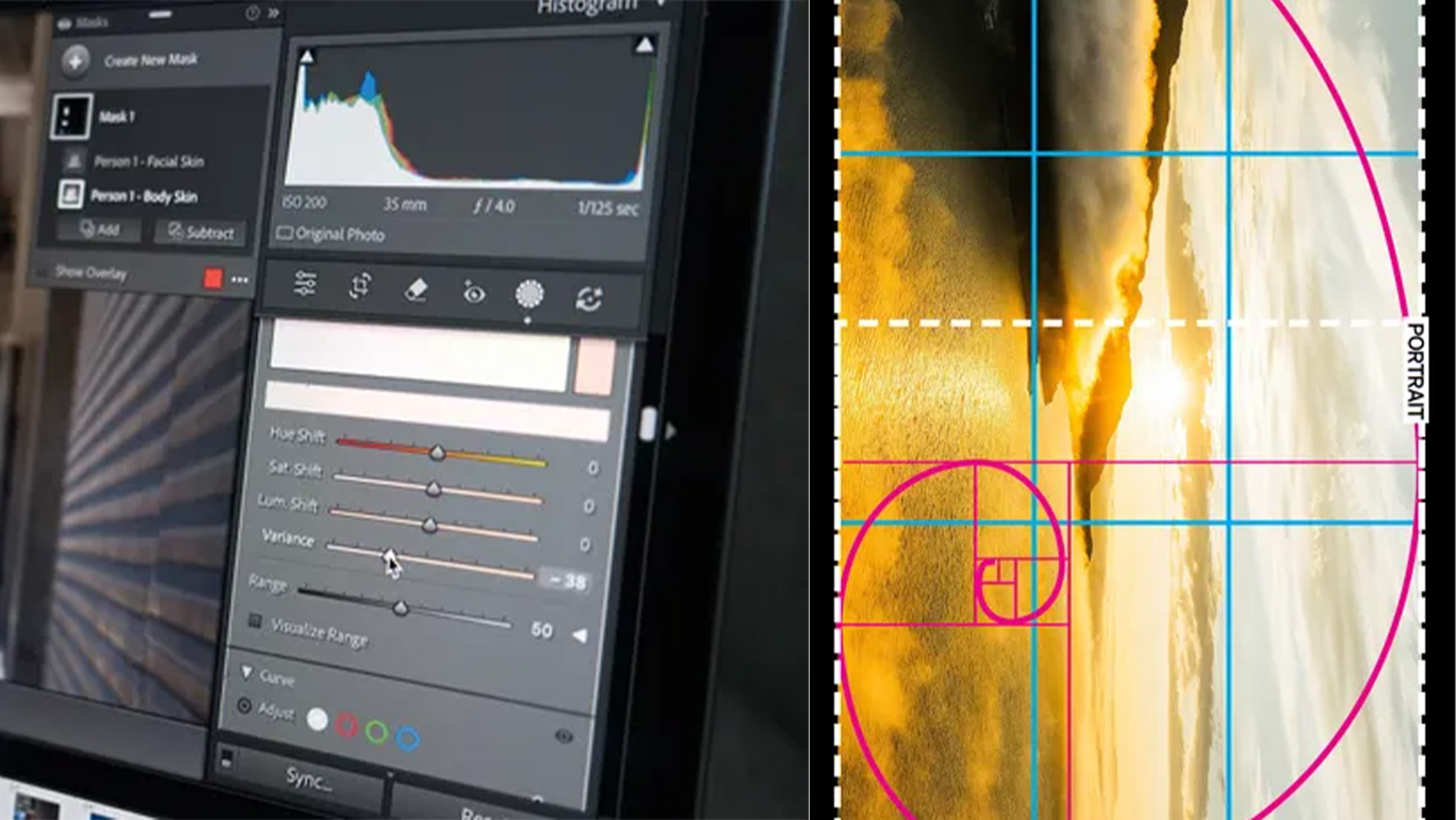A screenshot of an interface of a photo editing tool next to a diagram depicting a photographic composition principle.