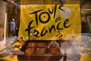 The window shop of a chocolate shop decorated with the flag of the Tour de France and die cast racing cyclists figures in Brussels, three days prior to the start of the 106th edition of the Tour de France