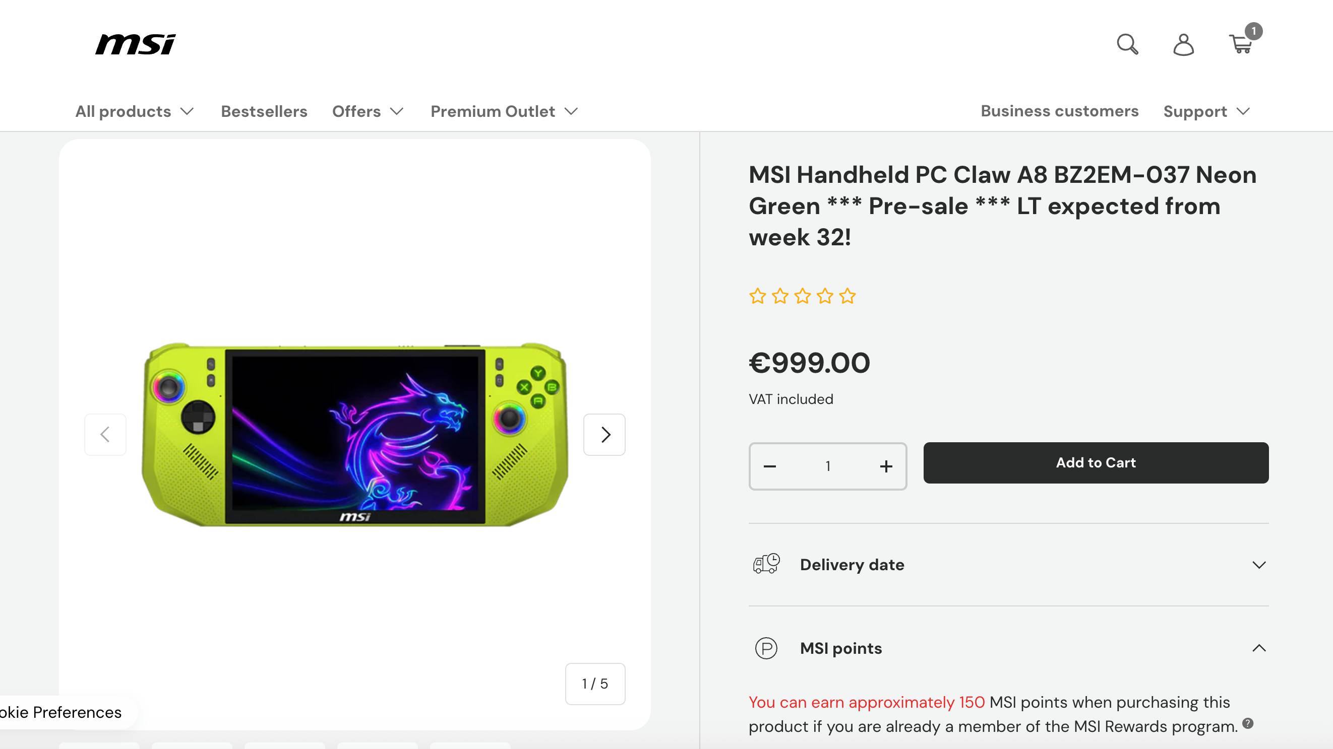 Screenshot of MSI Claw A8 listing page on Germany MSI Store site