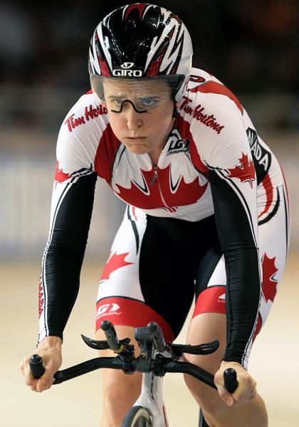 Tara Whitten (Canada) blasts her way from the start of the 500m time trial in the women's omnium and heads towards the gold medal.