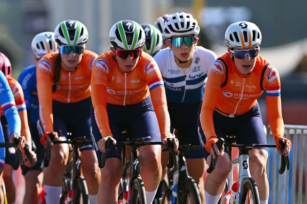HASSELT BELGIUM SEPTEMBER 13 LR Maud Rijnbeek of Team Netherlands and Nienke Vinke of Team Netherlands compete during the 30th UEC Road Cycling European Championships 2024 Womens U23 Road Race a 1014km one day race from HeusdenZolder to Hasselt UCIWWT on September 13 2024 in Hasselt Belgium Photo by Luc ClaessenGetty Images