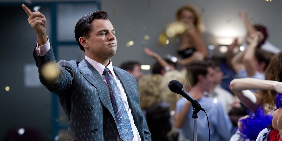 Leonardo DiCaprio as Jordan Belfort in Martin Scorsese&#039;s Wolf of Wall Street