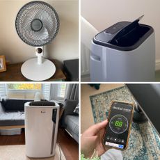 Collage image of the testing process of the Meaco Sefte 10'' pedestal fan, the Duux North 9k Smart air conditioner, a reading on a decibel meter app, and the De'Longhi Pinguino Care4Me EL112 air conditioner
