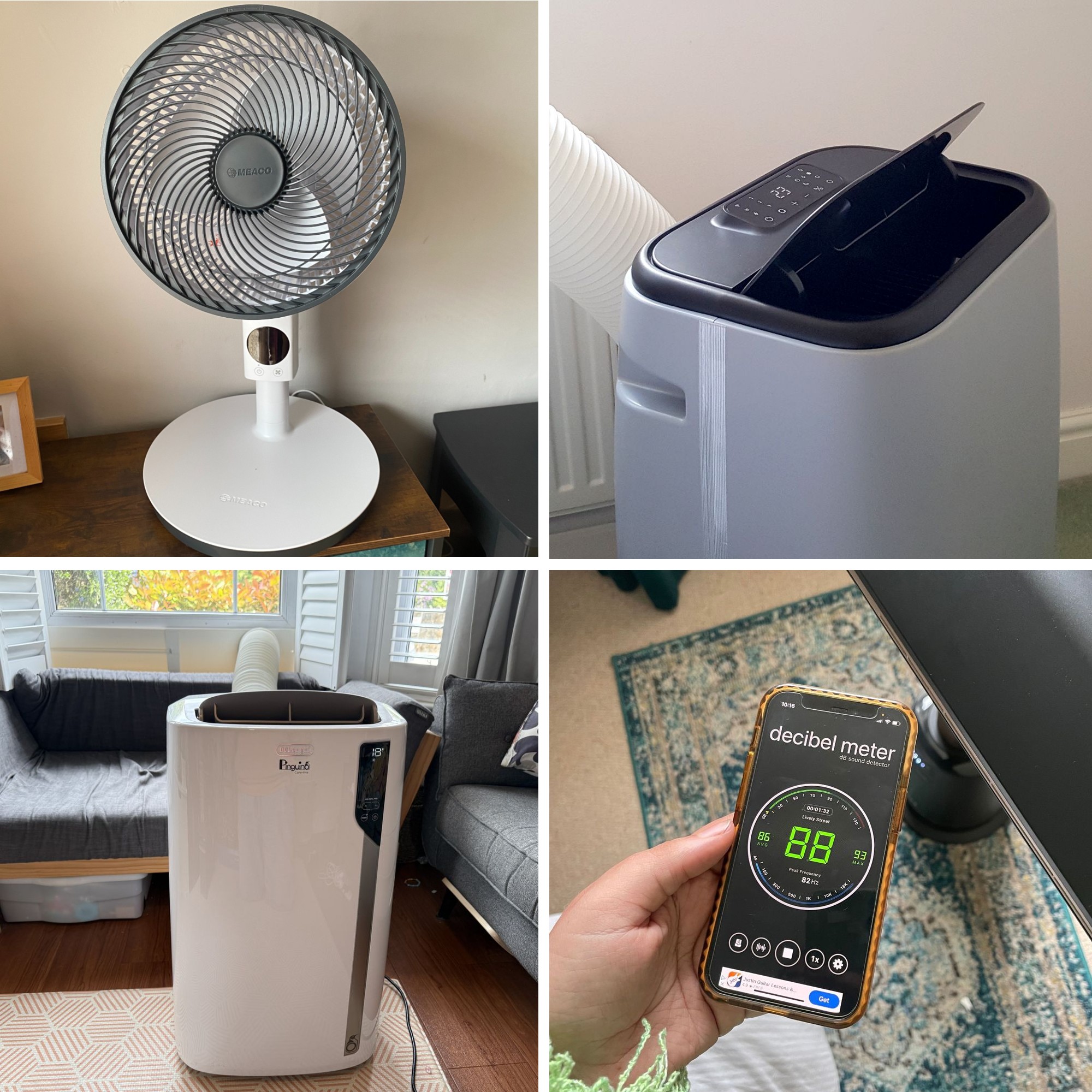 Collage image of the testing process of the Meaco Sefte 10'' pedestal fan, the Duux North 9k Smart air conditioner, a reading on a decibel meter app, and the De'Longhi Pinguino Care4Me EL112 air conditioner