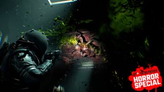 The protagonist in Cronos: The New Dawn shoots a monster expelling green goo