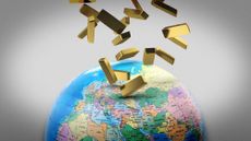 Illustration of gold bars falling over a world globe