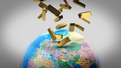 Illustration of gold bars falling over a world globe