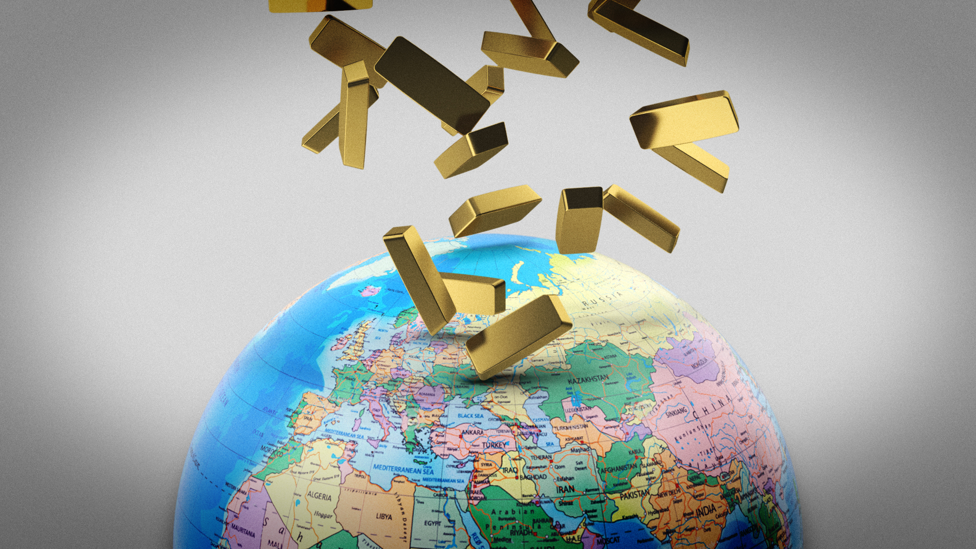 Illustration of gold bars falling over a world globe