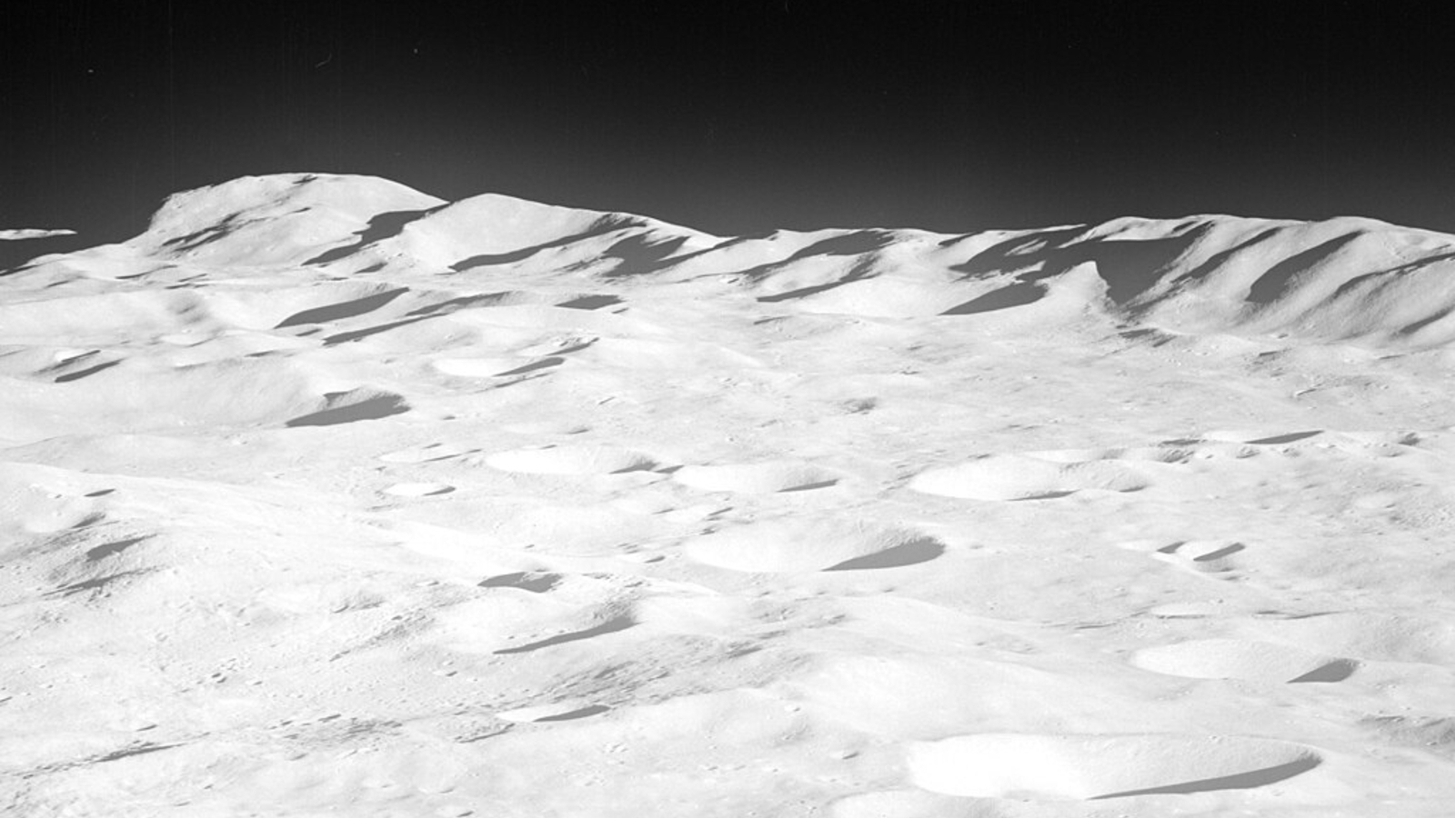 A photo of a mountain range on the moon taken by the Apollo 8 astronauts