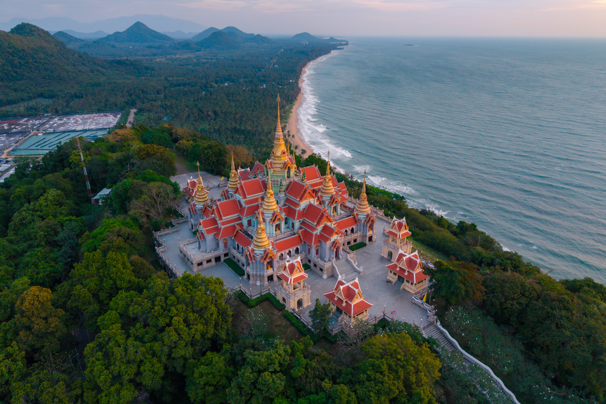 Wat Tang Sai Temple overlooking the stunning coastline of Bang Saphan, Thailand