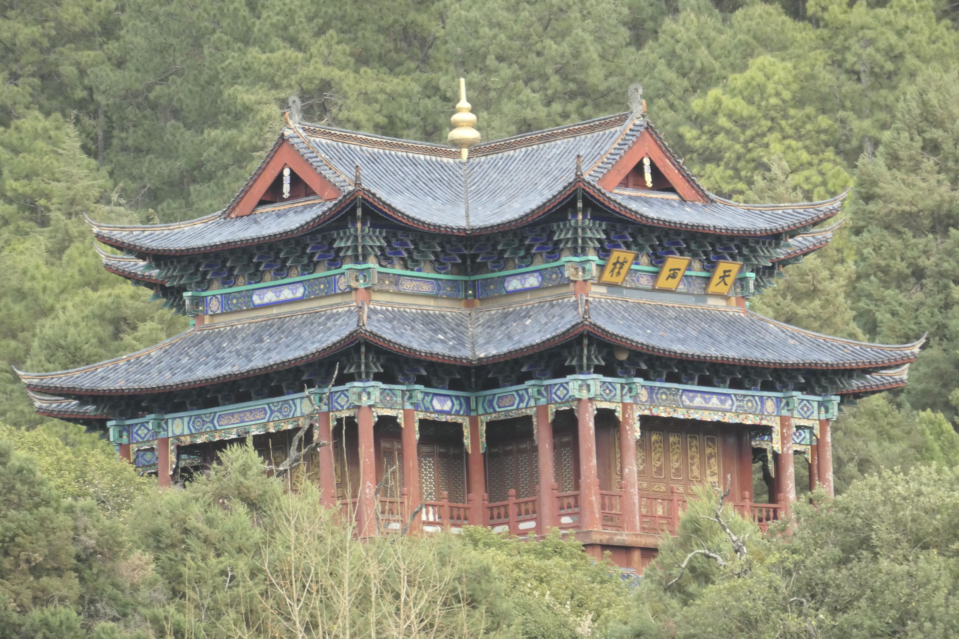 A Chinese temple nestled among trees