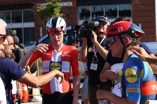 Lidl-Trek used textbook team tactics to excellent effect in Maryland. Here Mattias Skjelmose and Toms Skujins recover after the finish.