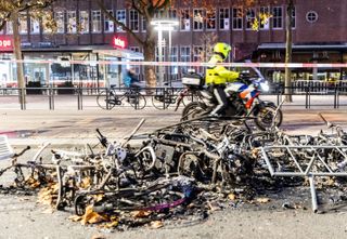 Burnt bicycles left behind after the rioting in Rotterdam, Netherlands