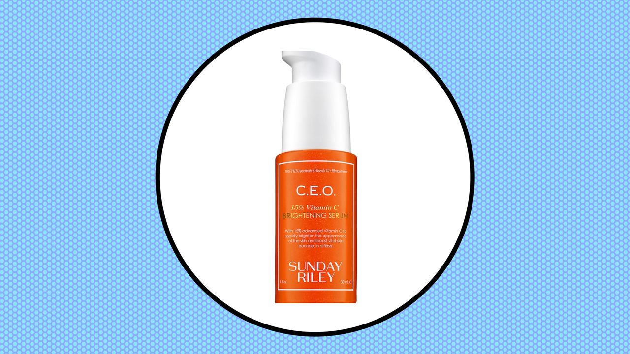 Summer Friday C.E.O. 15% Vitamin C Brightening Serum in white circle overlaid a blue dotted background