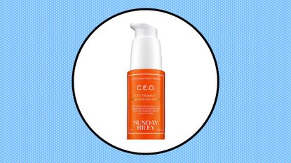 Summer Friday C.E.O. 15% Vitamin C Brightening Serum in white circle overlaid a blue dotted background