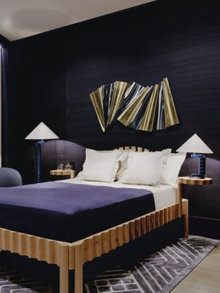 Blue bedroom with sculptural bed