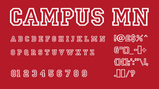 White text displaying the decorative font Campus MN on a dark red background.