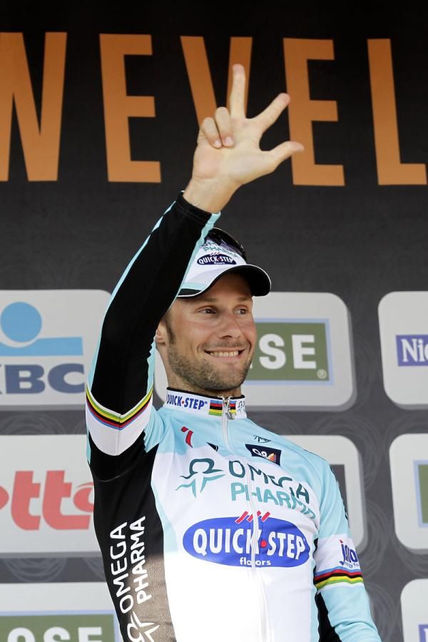 Tom Boonen (Omega Pharma-QuickStep) won Gent-Wevelgem for the third time in his career