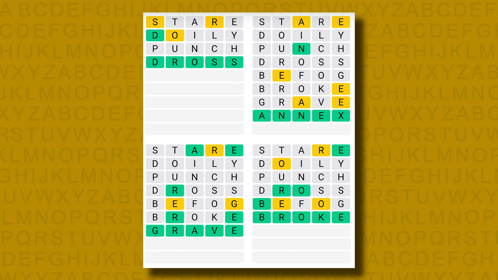 Respuestas de Quordle para el juego 1003 sobre un fondo amarillo