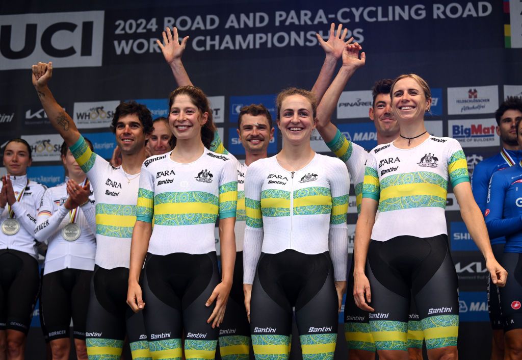 ZURICH SWITZERLAND SEPTEMBER 25 Gold medalists Michael Matthews Ben Oconnor Jay Vine Grace Brown Brodie Chapman Ruby RosemanGannon of Team Australia pose on the podium during the 97th UCI Cycling World Championships Zurich 2024 Mixed Relay Team Time Trial a 537km one day race from Zurich to Zurich on September 25 2024 in Zurich Switzerland Photo by Dario BelingheriGetty Images