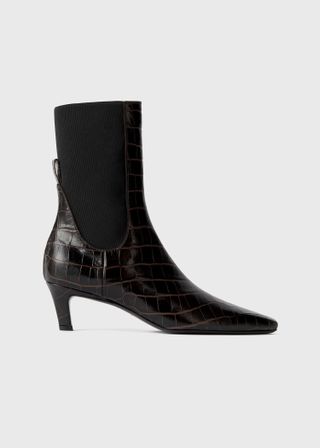 Croco-Embossed Mid-Heel Boots Dark Brown