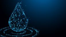 A water drop formed from a nexus of blue glowing dots and lines connecting them, representing liquid-cooled infrastructure such as liquid cooling in data centers. It is set against a black background.