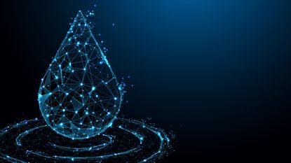 A water drop formed from a nexus of blue glowing dots and lines connecting them, representing liquid-cooled infrastructure such as liquid cooling in data centers. It is set against a black background.