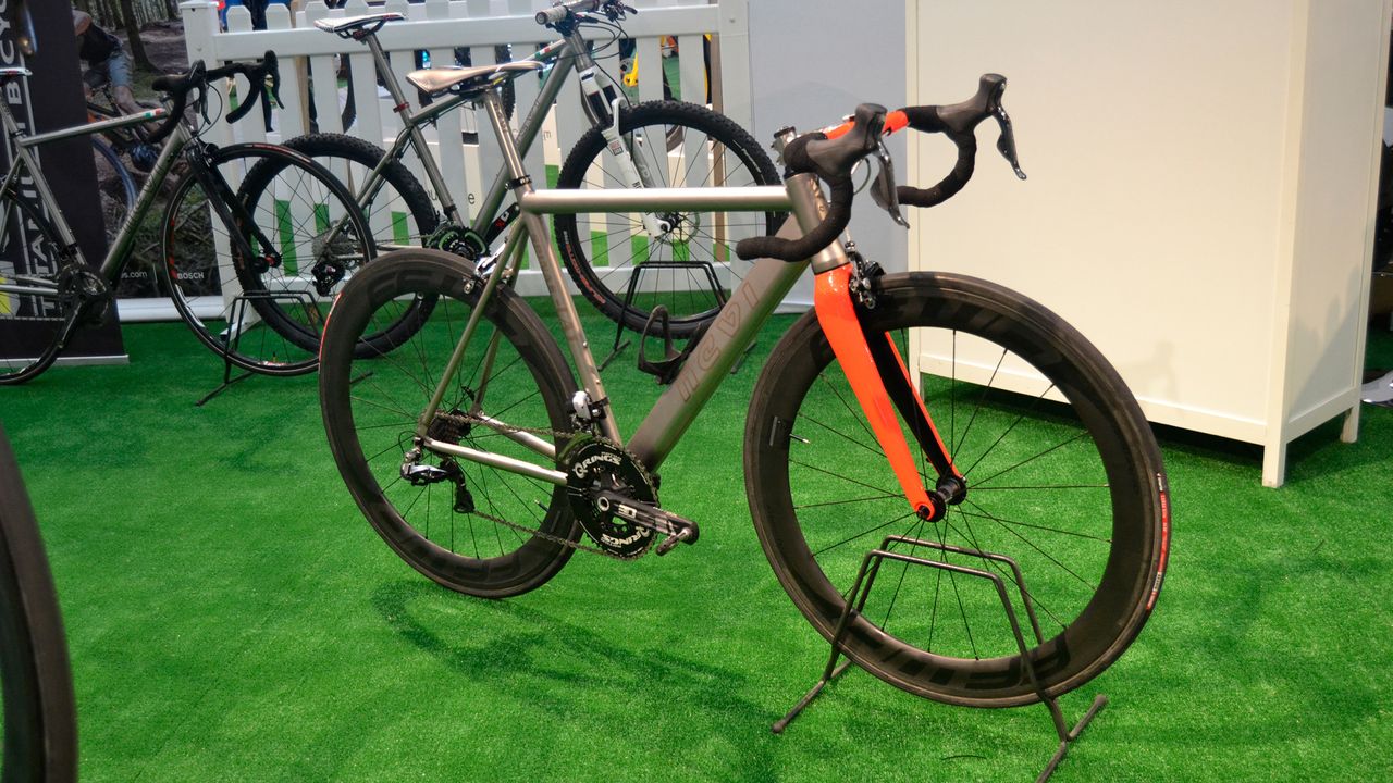 Nevi is an Italian titanium specialist that first became available in the UK at the start of this year. Half the brand's business is industry (such as lightweight roll cages for high-level motorsport) and half is bikes. This is the Spinas crit racer, with an unusual folded and welded aero downtube. Nevi do all of their ti welding in vacuum chambers instead of drenching the welding site in nitrogen because, they say, it gives a stronger and more precise weld