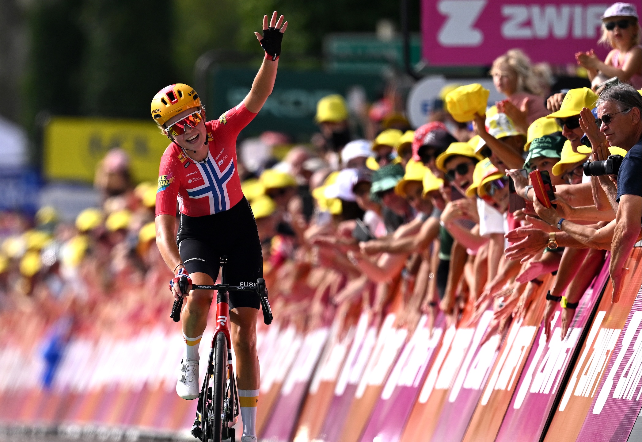 Sigrid Ytterhus Haugset of Norway and Team Uno-X Mobility celebrates at finish line as stage 3 winner