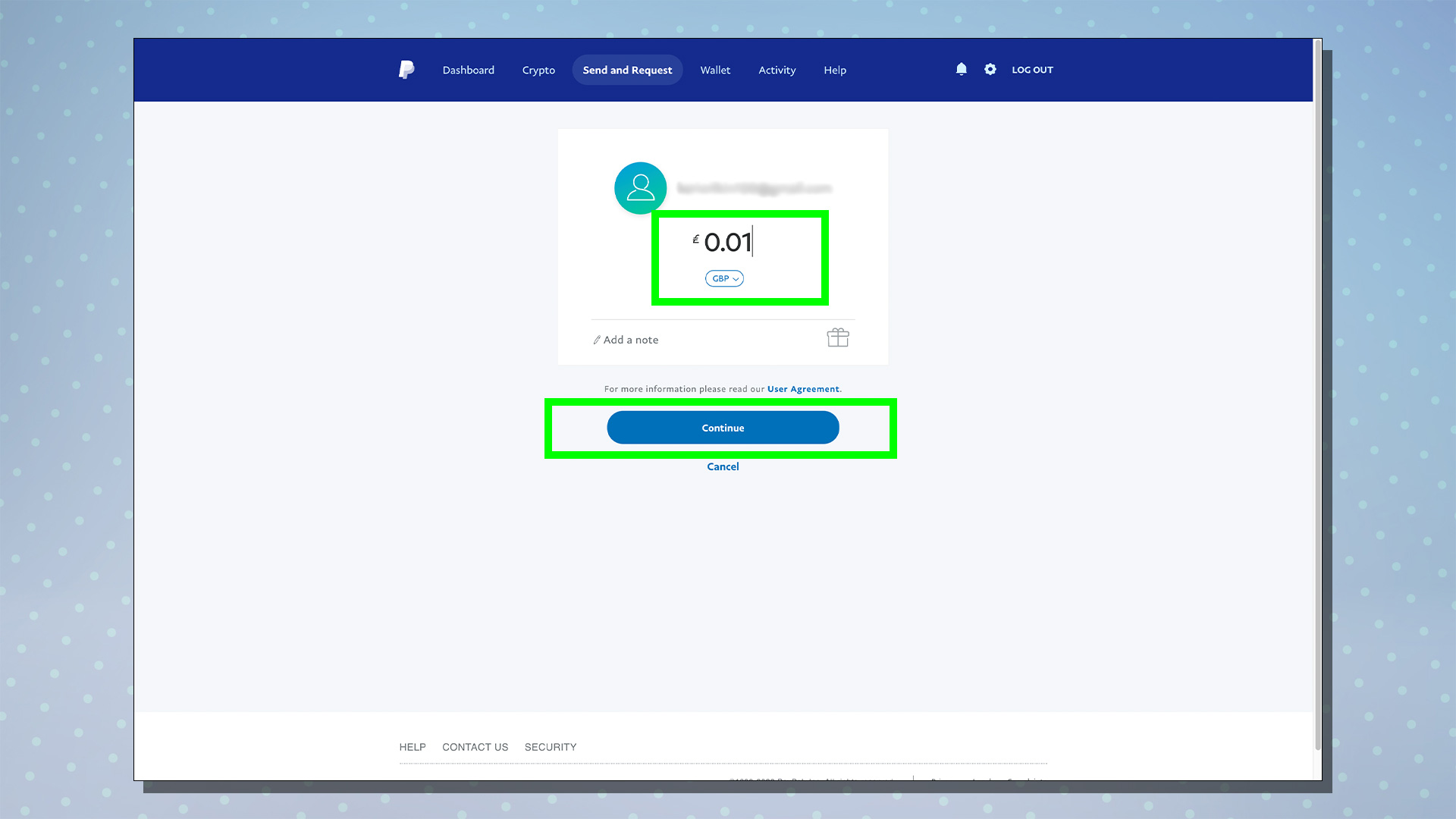 Снимок экрана, показывающий параметры PayPal для отправки другу или члену семьи.