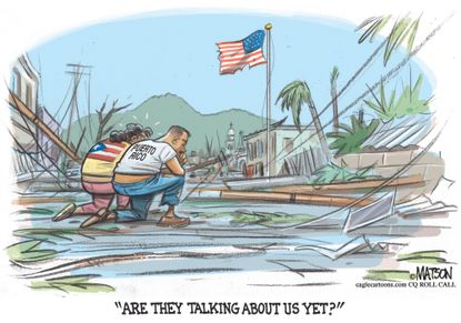 Political cartoon U.S. Trump NFL kneeling Puerto Rico destruction