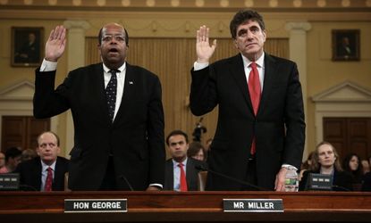 Former acting commissioner of the IRS, Steve Miller, right, and Treasury Inspector General for Tax Administration, J. Russell George, testify during a May 17 hearing.