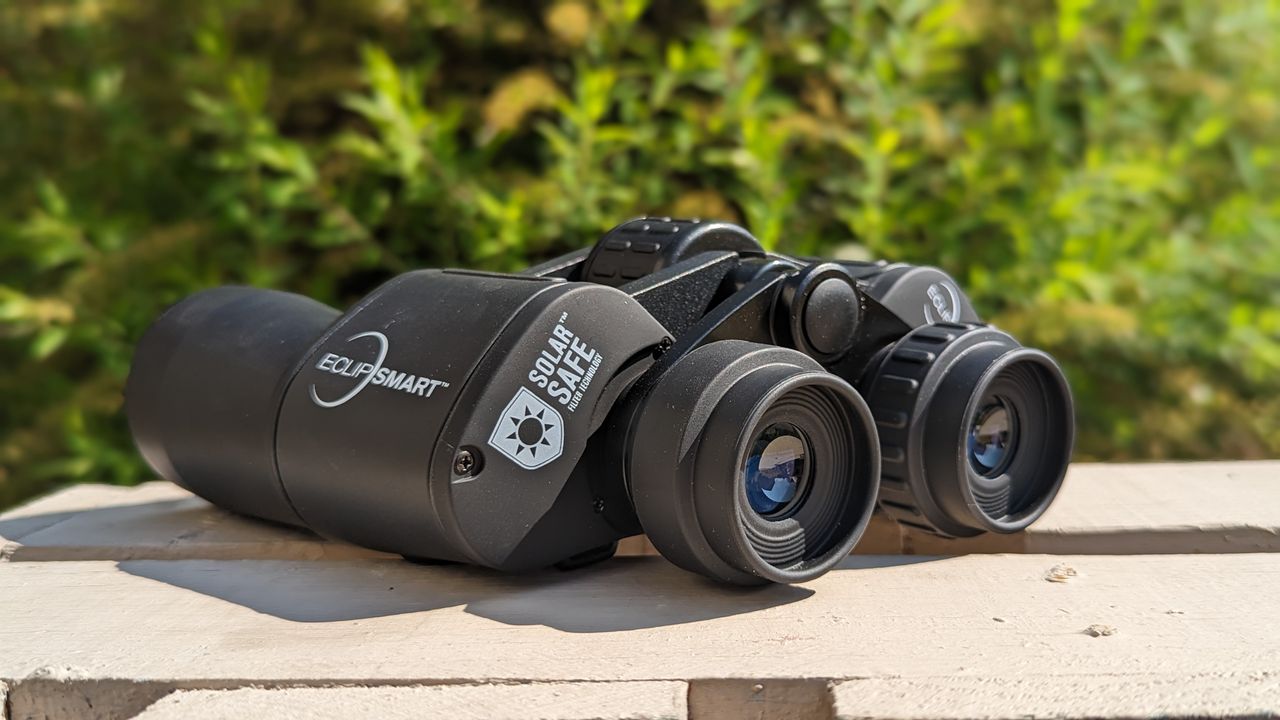 Side rear view of binoculars in front of foliage