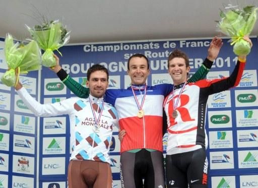 The 2011 men's French time trial podium: Christophe Riblon, Christophe Kern and Geoffroy Lequatre.