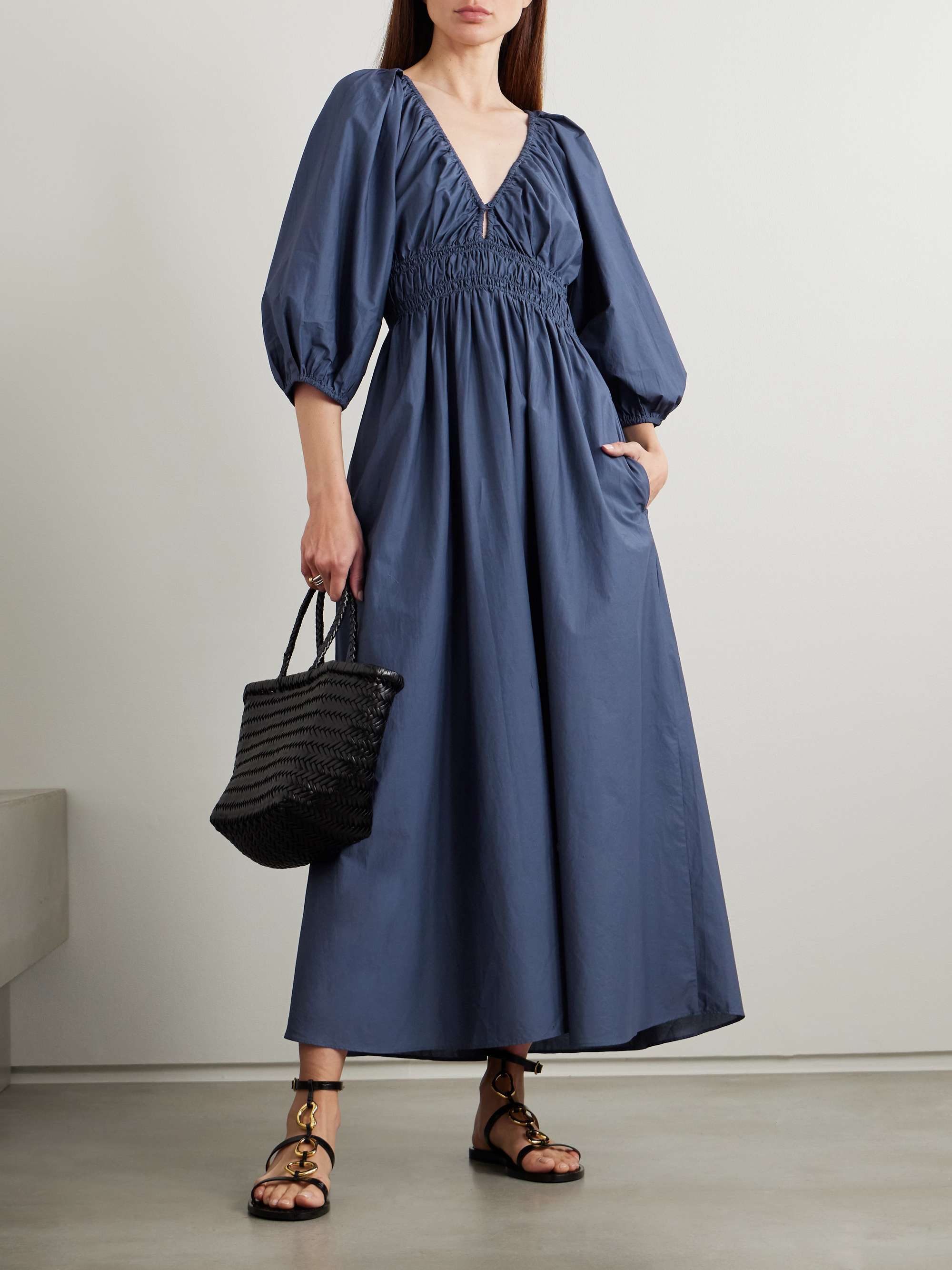 Shirred Organic Cotton-Poplin Maxi Dress