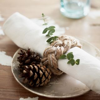 A white napkin rolled up into a jute napkin ring with a foliage branch and pinecones for decor set on top of a plate