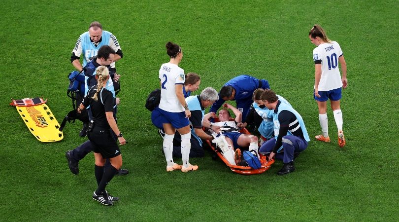 England midfielder Keira Walsh on a stretcher after injuring her knee against Denmark at the 2023 Women&#039;s World Cup.