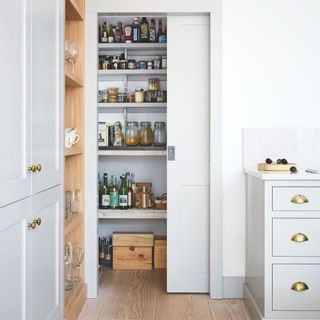 Kitchen pantry with food stacked up on the shelves