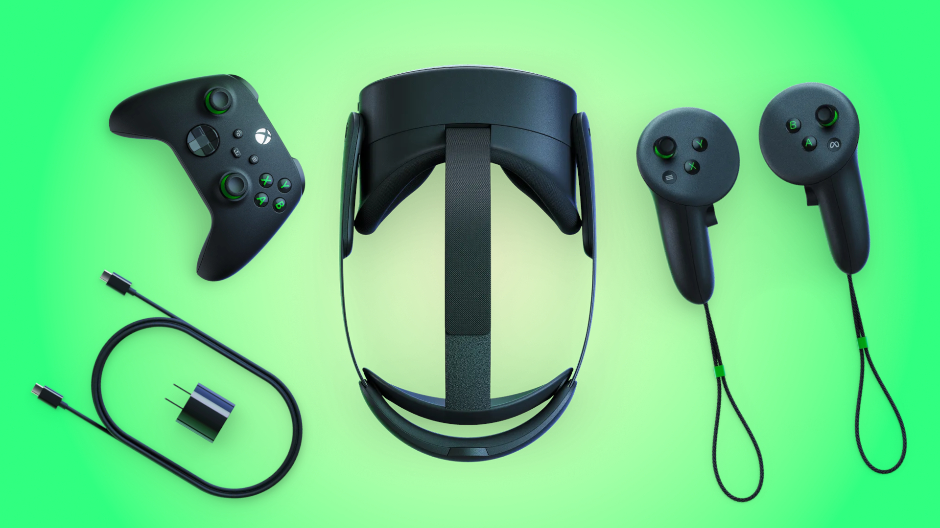 Meta Quest 3S Xbox Edition bundle contents, including Meta Quest 3S headset, Xbox Wireless Controller, two Meta Quest Touch Plus controllers, and a charging plug and cable.