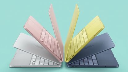 Apple MacBook Neo on turquoise background