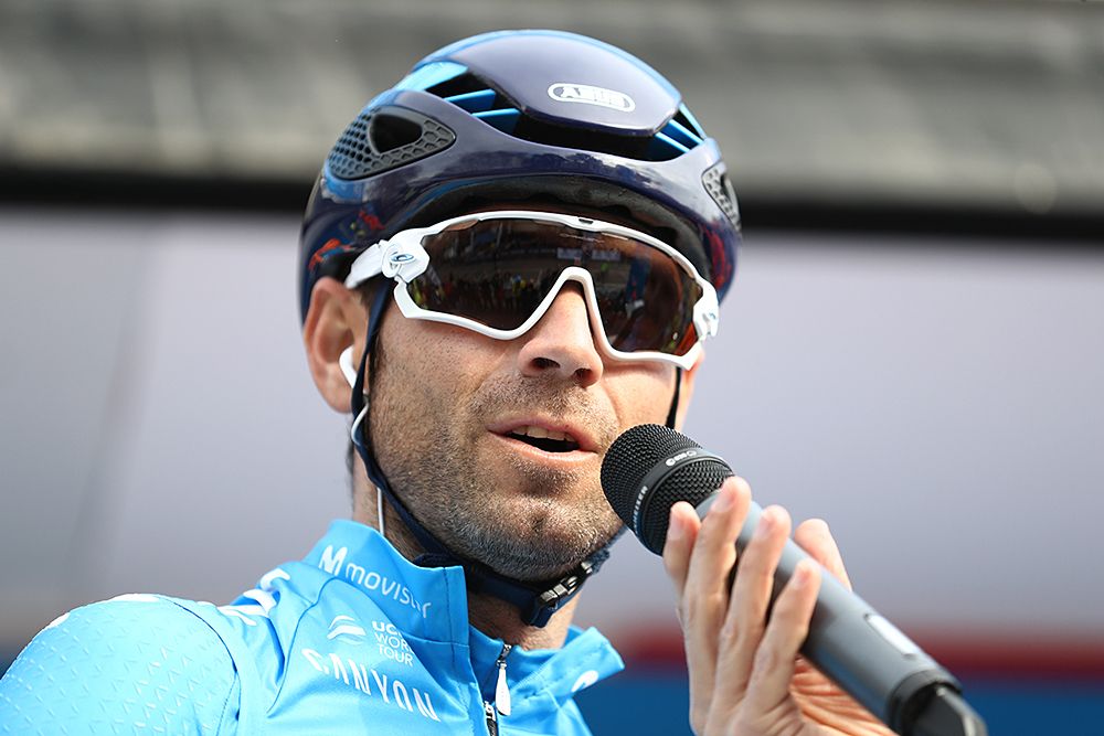 Alejandro Valverde speak to the crowds at the start of stage 2 Volta a la Comunitat Valenciana
