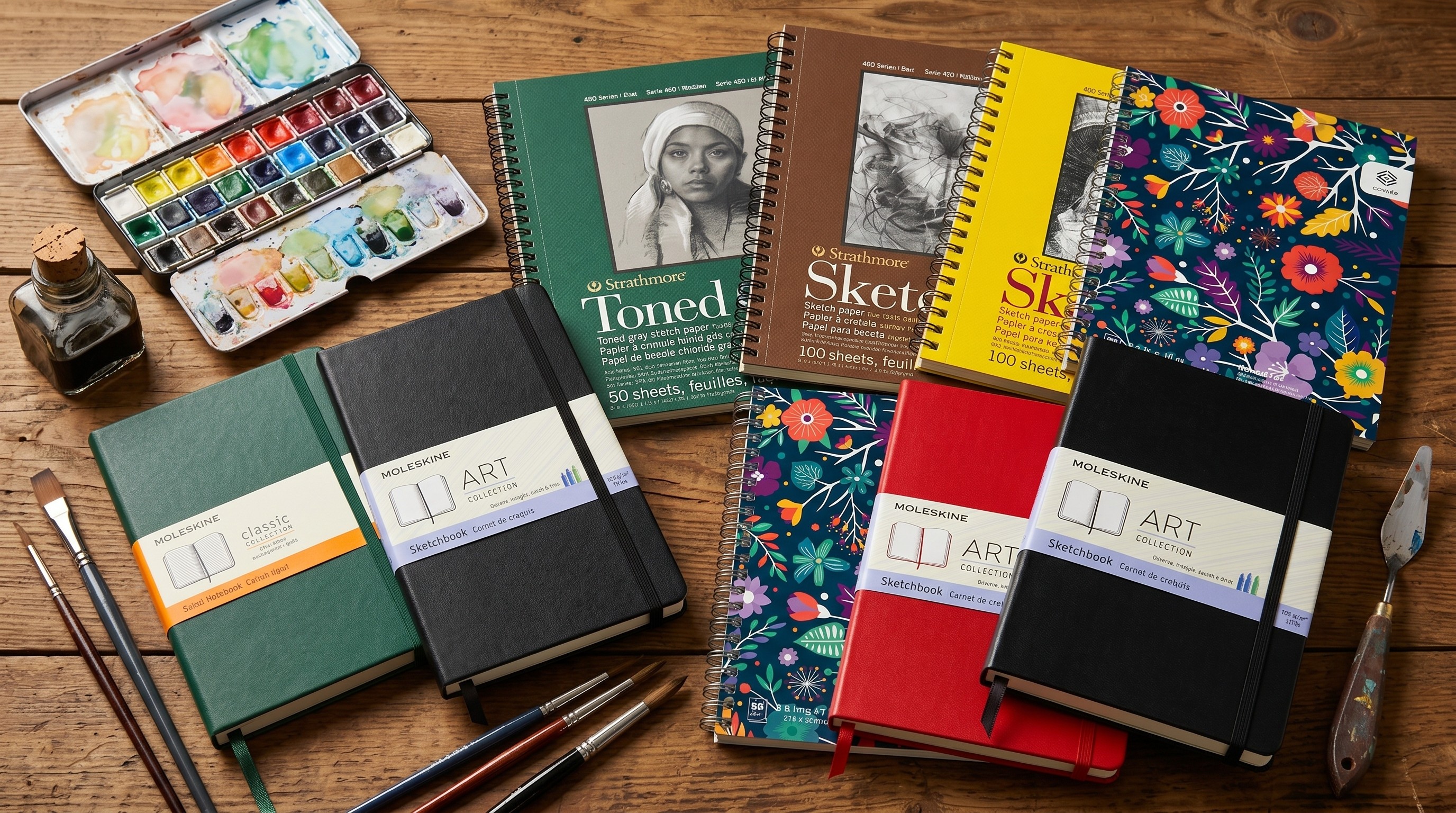 Notebooks and artist sketchbooks on a wooden table