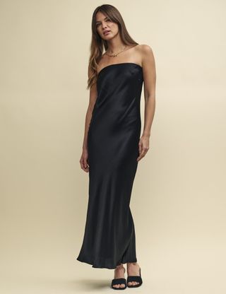 Black Satin Bandeau Slip Elle Midi Dress