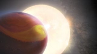 An artist's impression of a glowing sun against the background of space getting transited by a Jupiter-esque planet.
